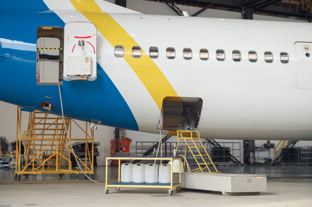 Passenger airplane on maintenance repair in airport hangar indoors in the daytime. Aircraft