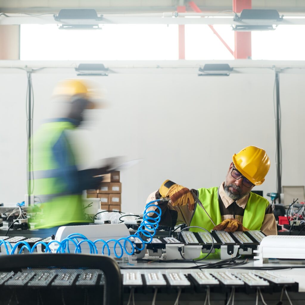 Mature engineer using electric handtool